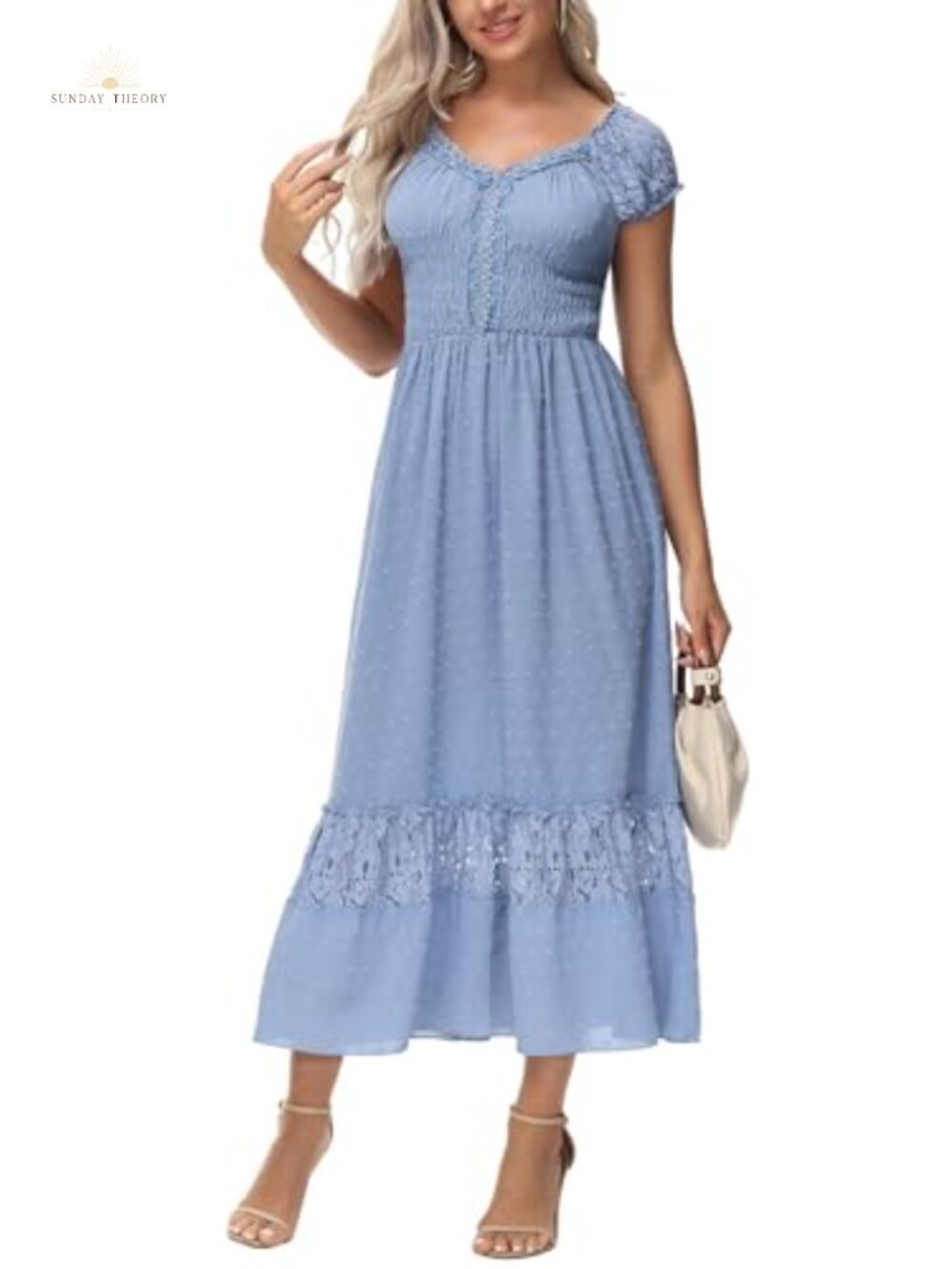 Renaissance Peasant Maxi Dress Cap Sleeve Lace Trim Boho Costume